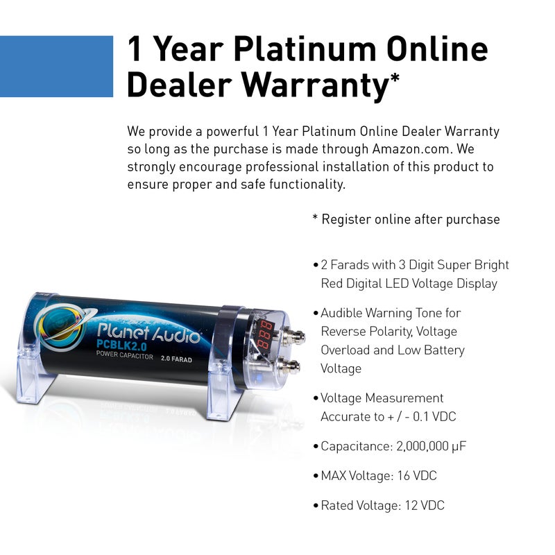 Planet Audio PCBLK2.0 Car Capacitor - 2 Farad, Energy Storage, Enhance Bass from Stereo, Warning Tones, LED Voltage Meter - Image 3
